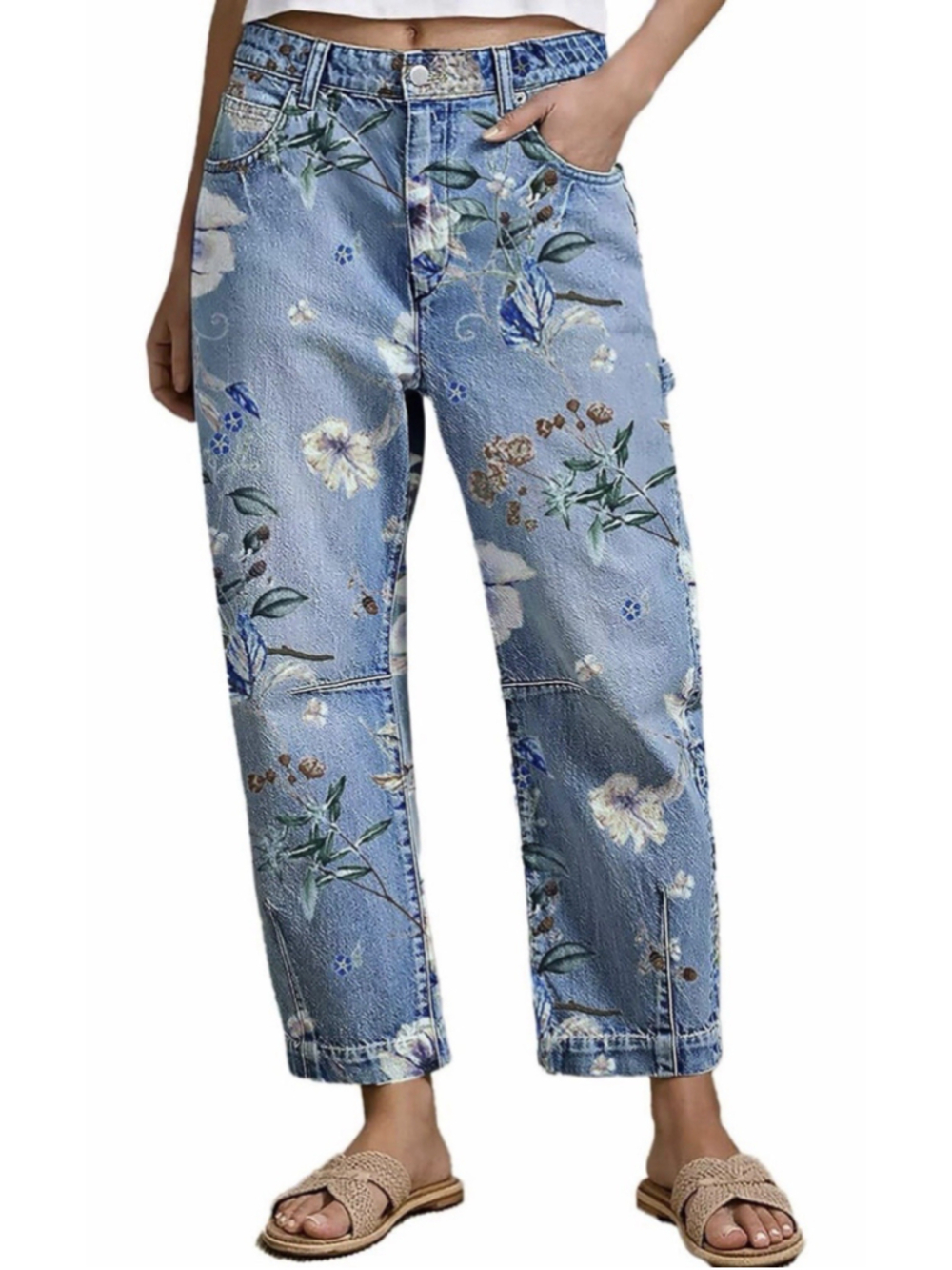 Flamingals Mid Rise Barrel Leg Wash Floral Print Jeans L
